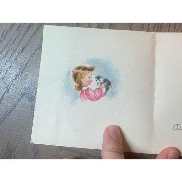 Birthday Greetings, Cute Girl Holding a Kitten, 1950s Vintage Greeting Card, - Picture 2 of 3